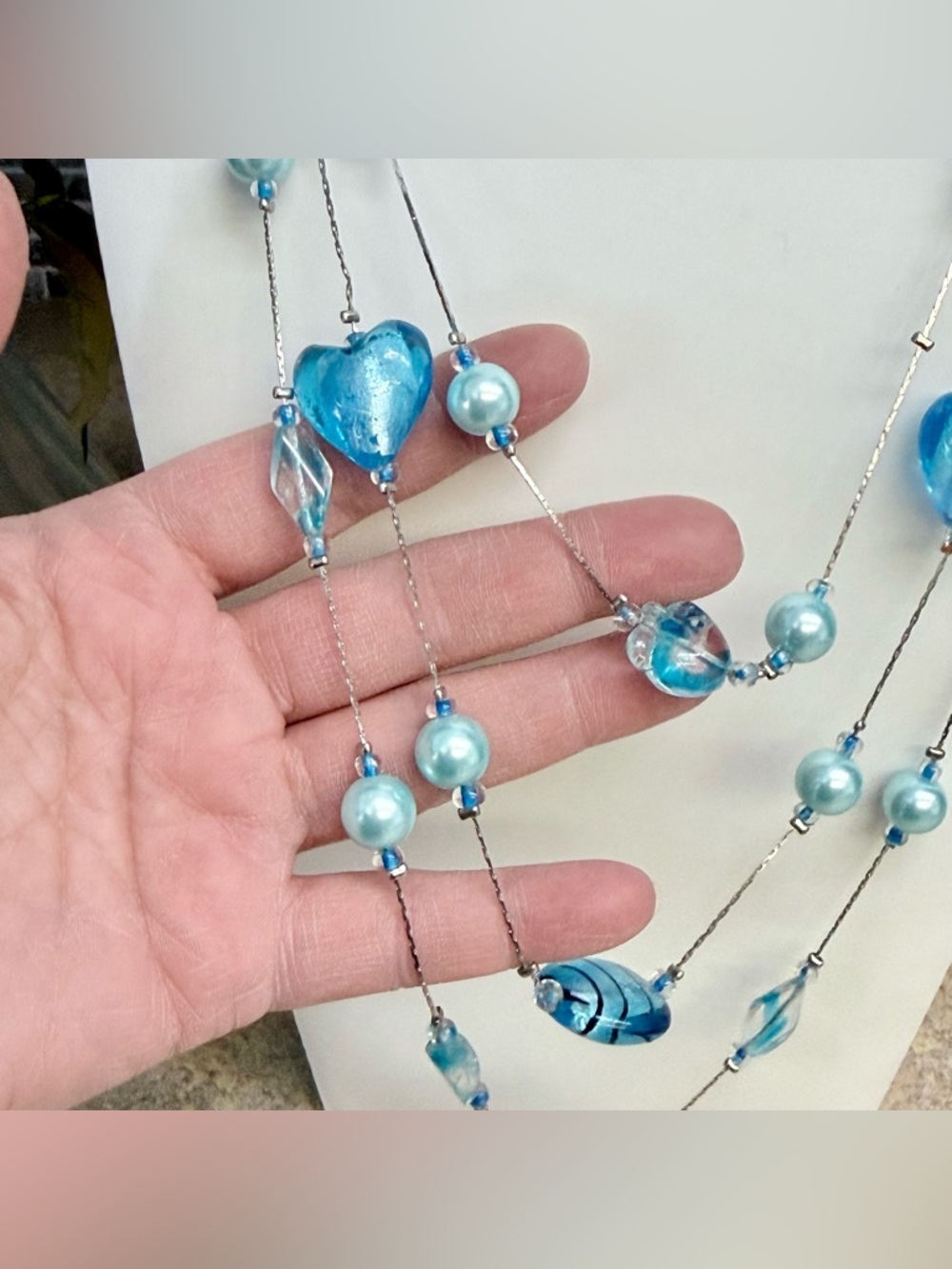 Ocean Blue and Silver tone multi-strand necklace - Picture 2 of 3